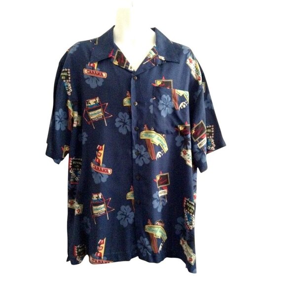 Vintage Men's Shirt Large L Hawaiian Hotel Motel Signs Aloha Rayon Blue - Picture 1 of 4